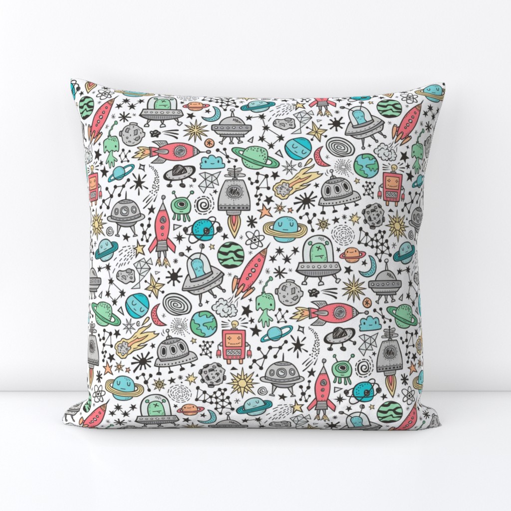 Space Galaxy Universe Doodle with Aliens, Rockets, Planets, Robots & Stars on White