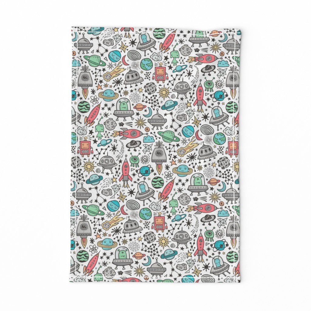 Space Galaxy Universe Doodle with Aliens, Rockets, Planets, Robots & Stars on White