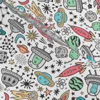 Space Galaxy Universe Doodle with Aliens, Rockets, Planets, Robots & Stars on White