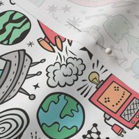 Space Galaxy Universe Doodle with Aliens, Rockets, Planets, Robots & Stars on White