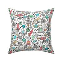 Space Galaxy Universe Doodle with Aliens, Rockets, Planets, Robots & Stars on White