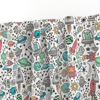 Space Galaxy Universe Doodle with Aliens, Rockets, Planets, Robots & Stars on White