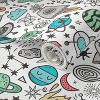 Space Galaxy Universe Doodle with Aliens, Rockets, Planets, Robots & Stars on White