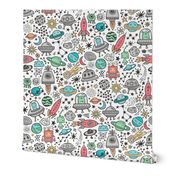 Space Galaxy Universe Doodle with Aliens, Rockets, Planets, Robots & Stars on White