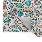 Space Galaxy Universe Doodle with Aliens, Rockets, Planets, Robots & Stars on White