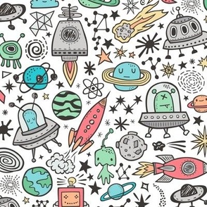 Space Galaxy Universe Doodle with Aliens, Rockets, Planets, Robots & Stars on White