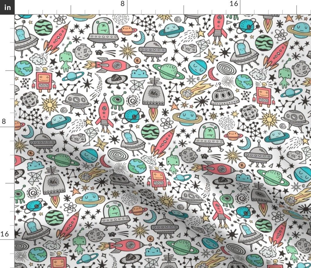 Space Galaxy Universe Doodle with Aliens, Rockets, Planets, Robots & Stars on White