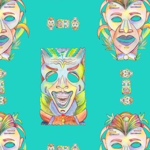 WATERCOLOR TIKI MASKS  AQUA BLUE