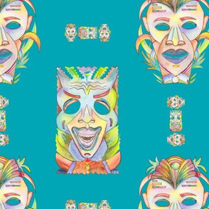 WATERCOLOR TIKI MASKS TURQUOISE TEAL