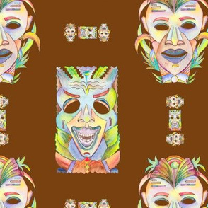 WATERCOLOR TIKI MASKS BROWN