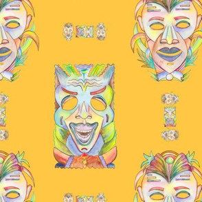 WATERCOLOR TIKI MASKS MARIGOLD YELLOW