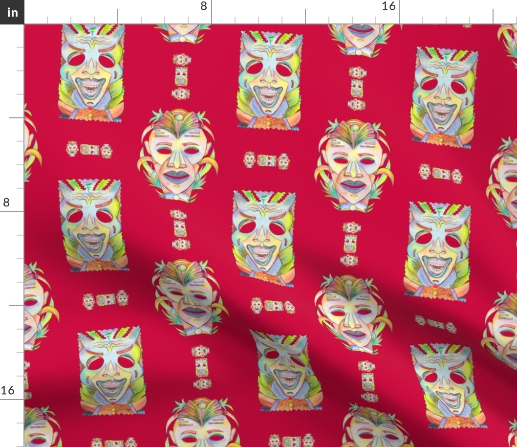 WATERCOLOR TIKI MASKS RED