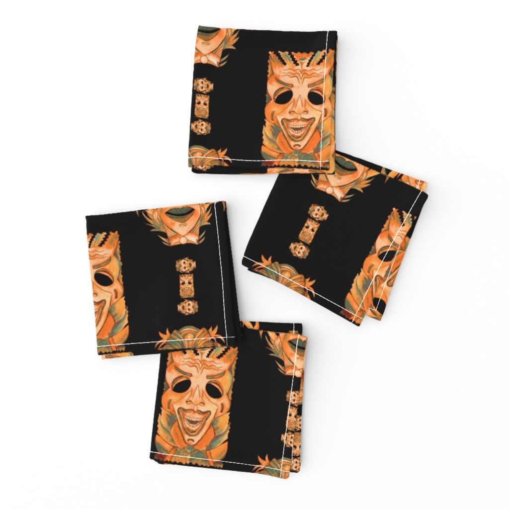 ORANGE OCHER TIKI MASKS ON BLACK