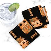 ORANGE OCHER TIKI MASKS ON BLACK