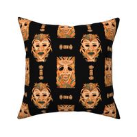 ORANGE OCHER TIKI MASKS ON BLACK