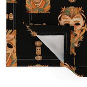 ORANGE OCHER TIKI MASKS ON BLACK