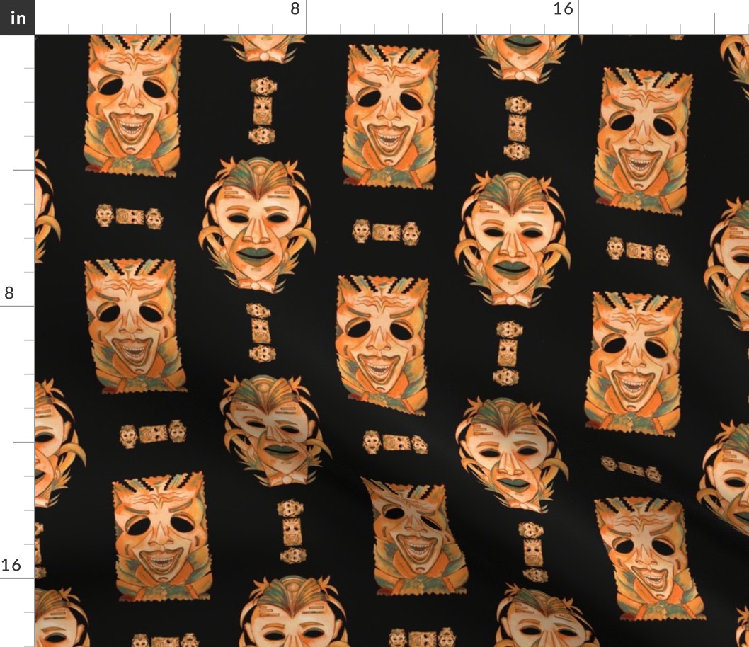 ORANGE OCHER TIKI MASKS ON BLACK