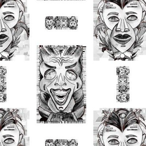 TIKI MASKS VIGNETTES GREY GRAY Black and white