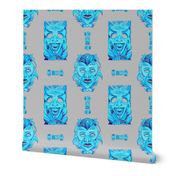 WATERCOLOR TIKI BLUE TURQUOISE ON GREY