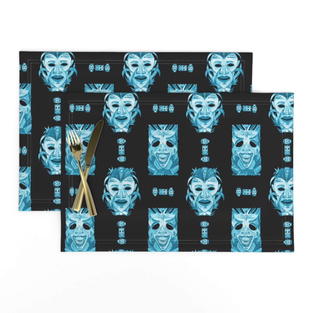 WATERCOLOR TIKI MASKS TEAL INDIGO TIKI ON BLACK