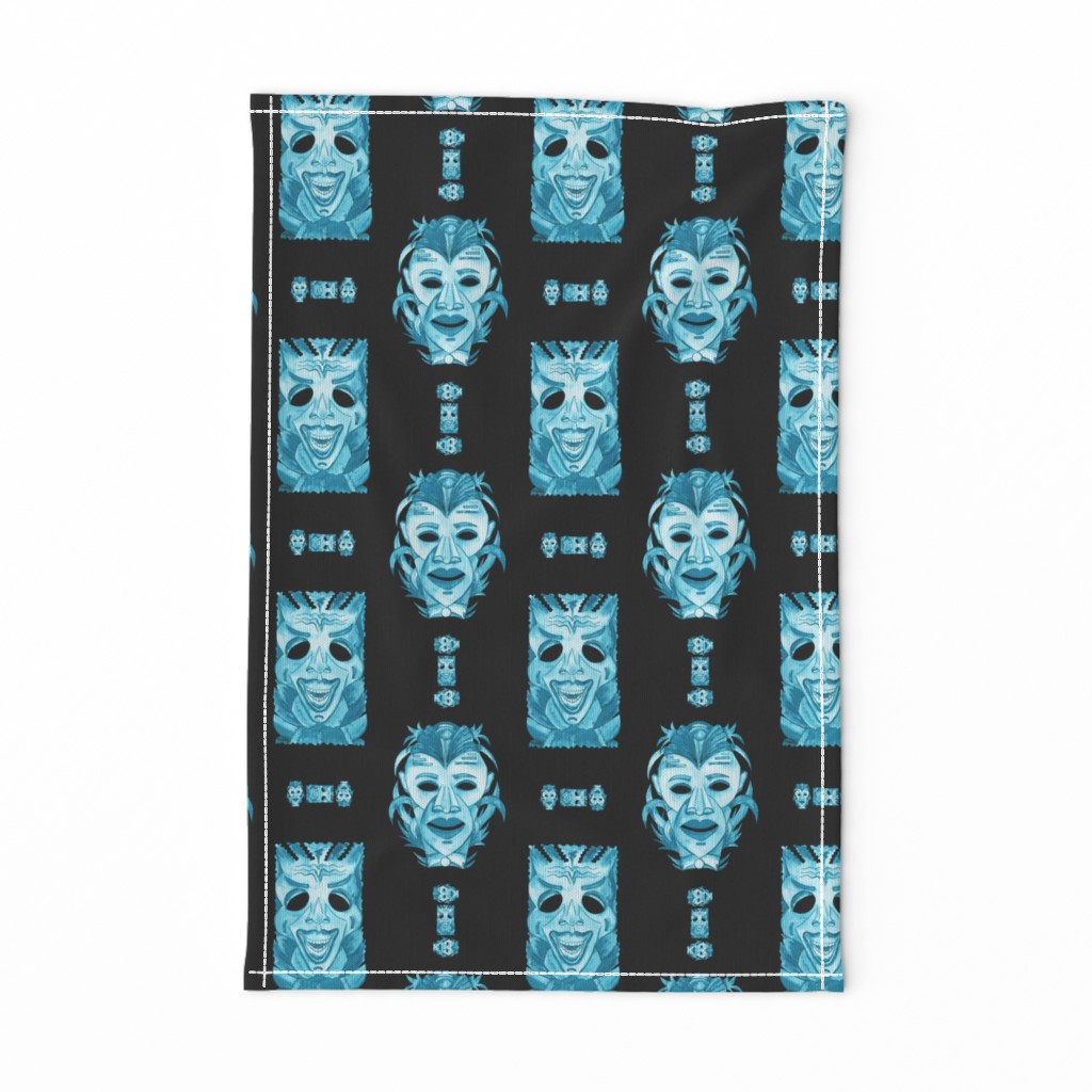 WATERCOLOR TIKI MASKS TEAL INDIGO TIKI ON BLACK