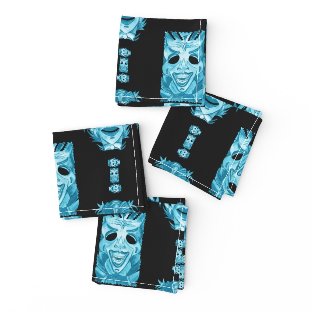 WATERCOLOR TIKI MASKS TEAL INDIGO TIKI ON BLACK