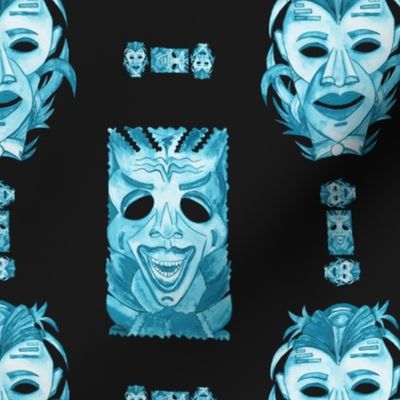 WATERCOLOR TIKI MASKS TEAL INDIGO TIKI ON BLACK