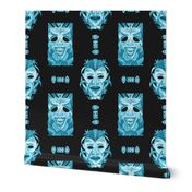 WATERCOLOR TIKI MASKS TEAL INDIGO TIKI ON BLACK