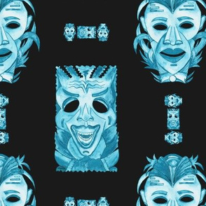 WATERCOLOR TIKI MASKS TEAL INDIGO TIKI ON BLACK