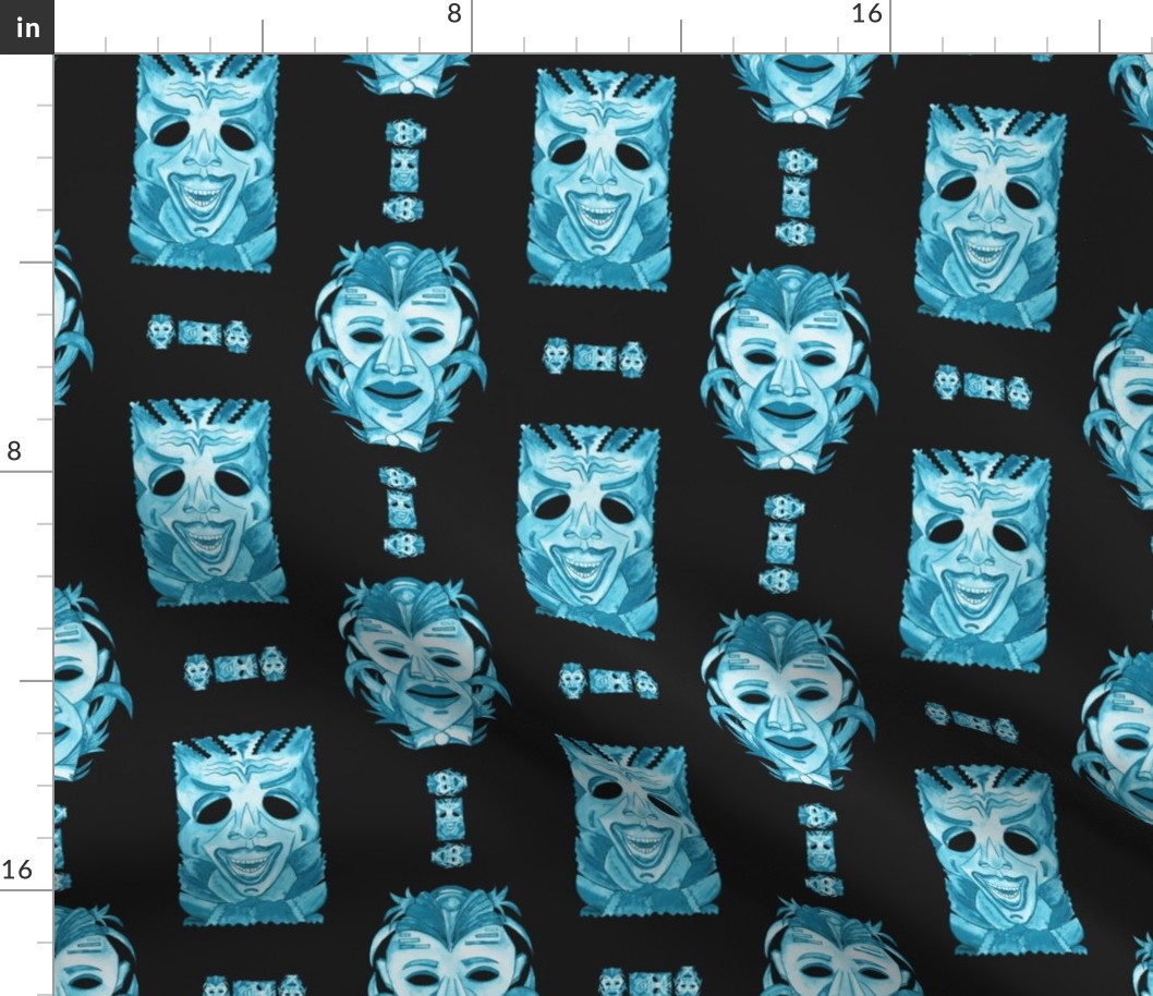 WATERCOLOR TIKI MASKS TEAL INDIGO TIKI ON BLACK