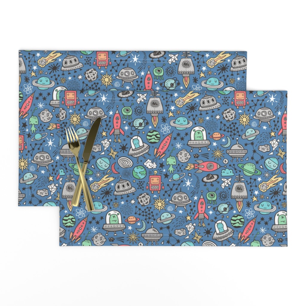 Space Galaxy Universe Doodle with Aliens, Rockets, Planets, Robots & Stars on Dark Blue Navy