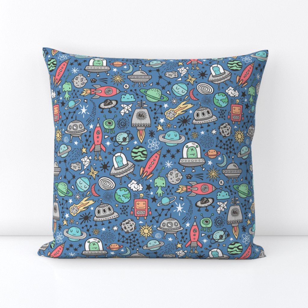 Space Galaxy Universe Doodle with Aliens, Rockets, Planets, Robots & Stars on Dark Blue Navy