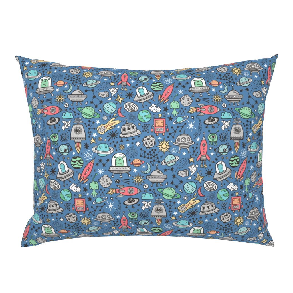 Space Galaxy Universe Doodle with Aliens, Rockets, Planets, Robots & Stars on Dark Blue Navy