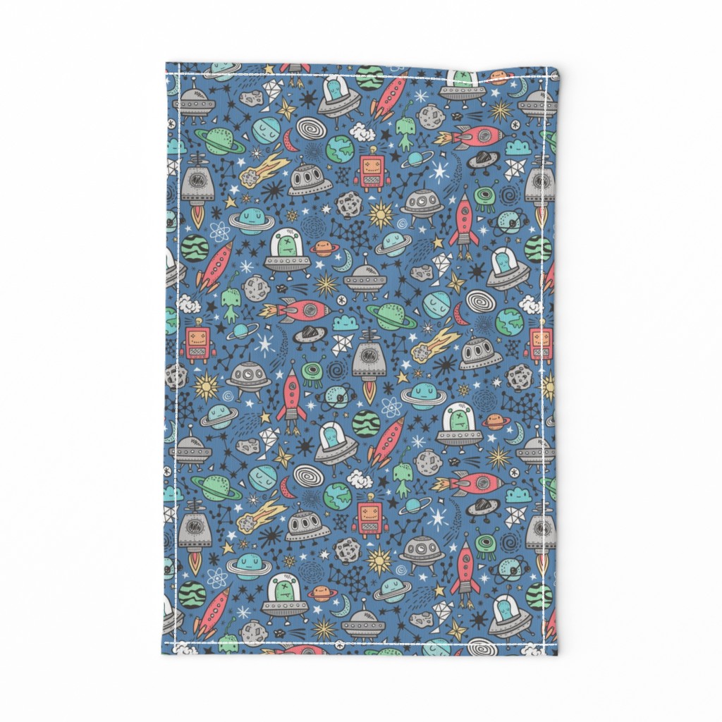 Space Galaxy Universe Doodle with Aliens, Rockets, Planets, Robots & Stars on Dark Blue Navy