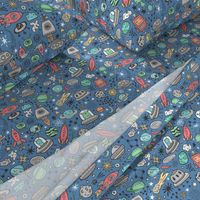 Space Galaxy Universe Doodle with Aliens, Rockets, Planets, Robots & Stars on Dark Blue Navy