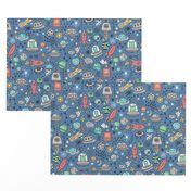 Space Galaxy Universe Doodle with Aliens, Rockets, Planets, Robots & Stars on Dark Blue Navy