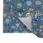 Space Galaxy Universe Doodle with Aliens, Rockets, Planets, Robots & Stars on Dark Blue Navy