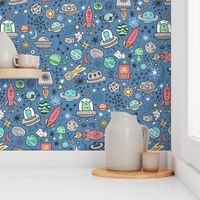 Space Galaxy Universe Doodle with Aliens, Rockets, Planets, Robots & Stars on Dark Blue Navy