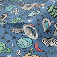 Space Galaxy Universe Doodle with Aliens, Rockets, Planets, Robots & Stars on Dark Blue Navy