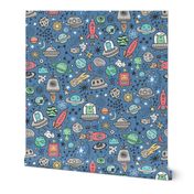 Space Galaxy Universe Doodle with Aliens, Rockets, Planets, Robots & Stars on Dark Blue Navy