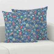 Space Galaxy Universe Doodle with Aliens, Rockets, Planets, Robots & Stars on Dark Blue Navy