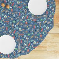 Space Galaxy Universe Doodle with Aliens, Rockets, Planets, Robots & Stars on Dark Blue Navy