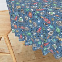 Space Galaxy Universe Doodle with Aliens, Rockets, Planets, Robots & Stars on Dark Blue Navy