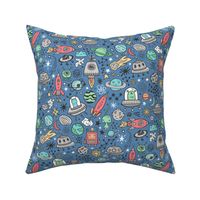 Space Galaxy Universe Doodle with Aliens, Rockets, Planets, Robots & Stars on Dark Blue Navy