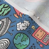 Space Galaxy Universe Doodle with Aliens, Rockets, Planets, Robots & Stars on Dark Blue Navy