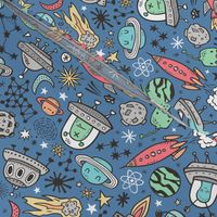 Space Galaxy Universe Doodle with Aliens, Rockets, Planets, Robots & Stars on Dark Blue Navy