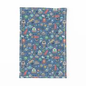 Space Galaxy Universe Doodle with Aliens, Rockets, Planets, Robots & Stars on Dark Blue Navy