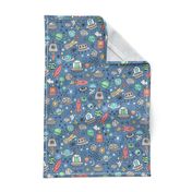 Space Galaxy Universe Doodle with Aliens, Rockets, Planets, Robots & Stars on Dark Blue Navy