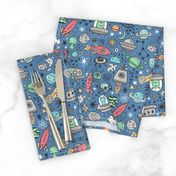 Space Galaxy Universe Doodle with Aliens, Rockets, Planets, Robots & Stars on Dark Blue Navy