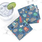 Space Galaxy Universe Doodle with Aliens, Rockets, Planets, Robots & Stars on Dark Blue Navy